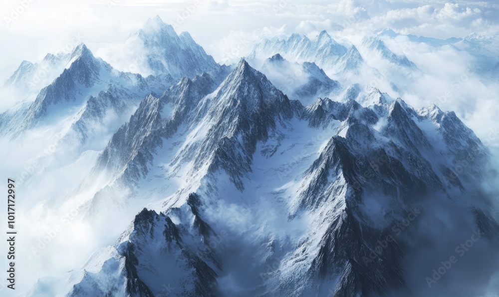 Obraz premium Aerial view of a dramatic mountain range, with jagged peaks dusted with snow and misty clouds swirling around the summits