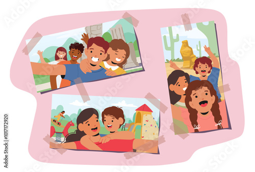 Happy Characters Posing And Smiling During Various Outdoor Activities In A photo Cards Collage. Cartoon Illustration