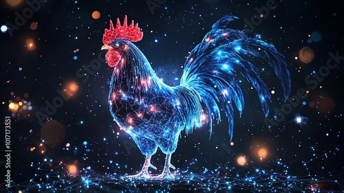 A vibrant rooster with a red crest surrounded by a digital galaxy of sparkling lights and connected net-like structures, shining in an abstract night sky. photo