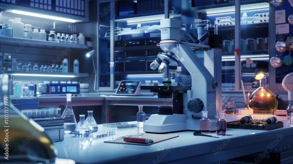 A well-equipped laboratory featuring a microscope, glassware, and various chemicals arranged on a table in a sleek, illuminated space. Generative AI A well-equipped laboratory featuring a microscope, glassware, and various chemicals arranged on a table in a sleek, illuminated space. Generative AI