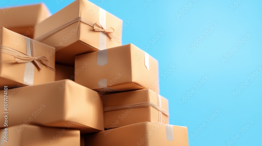 A stack of cardboard boxes carefully tied with string stands against a flawless blue background, signifying meticulous care in packaging and attention to detail. A stack of cardboard boxes carefully tied with string stands against a flawless blue background, signifying meticulous care in packaging and attention to detail.