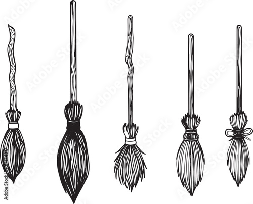 Vector set of hand drawn magic items flying broom Occult theme halloween clip art witch magic symbols. Line drawing minimalistic black outline ink style engraving graphics primitive flat illustration