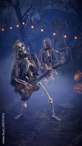 Halloween party: spooky music band playing rock in scary gothic cemetery. Funny skeletons dancing, playing guitars and drums. Animated video for greeting cards, invitations, posters, events, parties photo