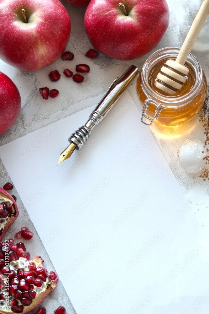 Fresh red apples and pomegranate on a table. A jar of honey sits beside them with a honey dipper. A clean sheet of paper invites writing. Perfect for food and recipe inspiration. AI Fresh red apples and pomegranate on a table. A jar of honey sits beside them with a honey dipper. A clean sheet of paper invites writing. Perfect for food and recipe inspiration. AI