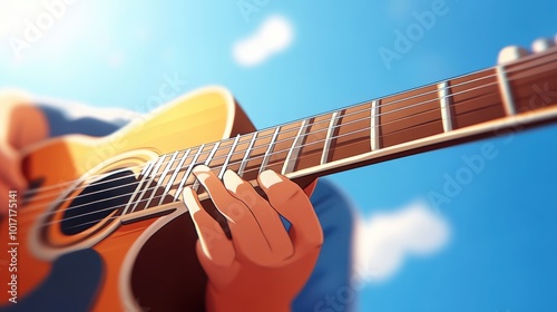 A person gently playing an acoustic guitar with fingers on the fretboard, surrounded by a tranquil blue sky, evoking peace and a love for music. photo