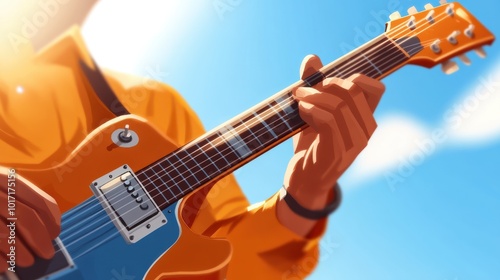 A musician intensely focused on playing a gripping electric guitar solo under bright sunlight, embodying creativity, inspiration, and the joy of musical artistry. photo