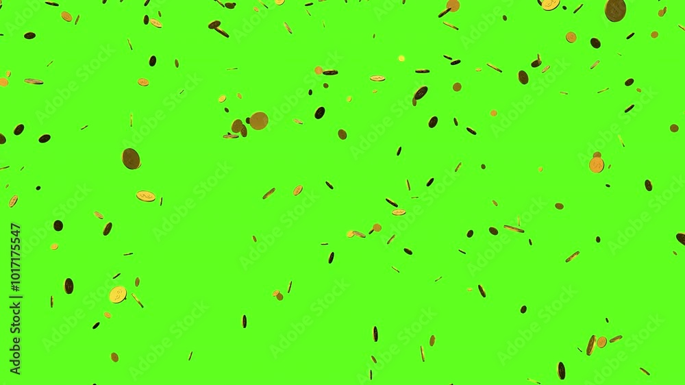 Falling coins or money golden rain motion background. Green screen, chromakey