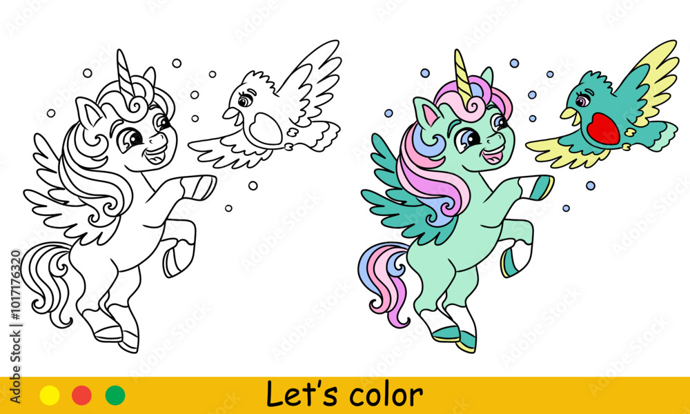 Φωτογραφία Kids coloring cute winter unicorn with a bird vector