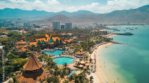 Vietnam's Nha Trang Aerial view of the five-star Vinpearl resort in Nha Trang, Vietnam captured by a drone or flycam. It is a well-liked travel location.