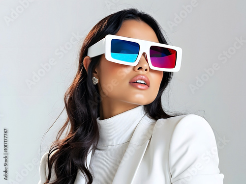 Portrait of a pretty Asian woman dressed all in white wearing 3d anaglyph glasses