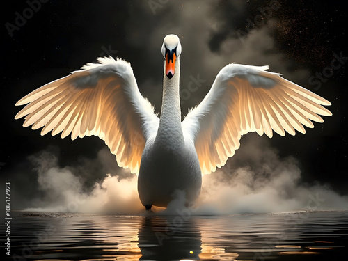 Front view portrait of a graceful swan with dramatic fog and light shining through its wings photo