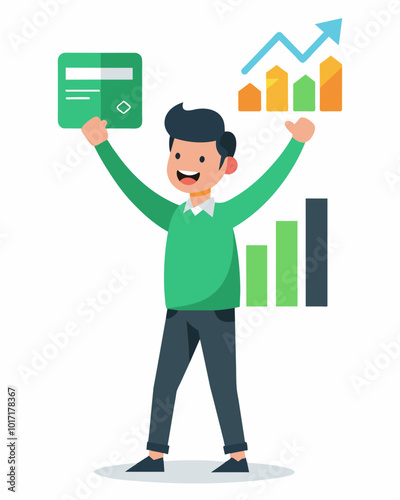 A man proudly holding up a chart showcasing his progress in paying off his credit card debt with a goal of being debtfree by the end of the year.. Vector illustration