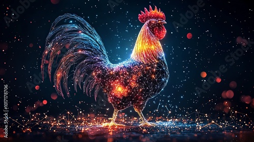 An abstract art piece displaying a rooster crafted from multi-colored digital nodes, set in a space-like backdrop, blending technology with colorful artistry. photo