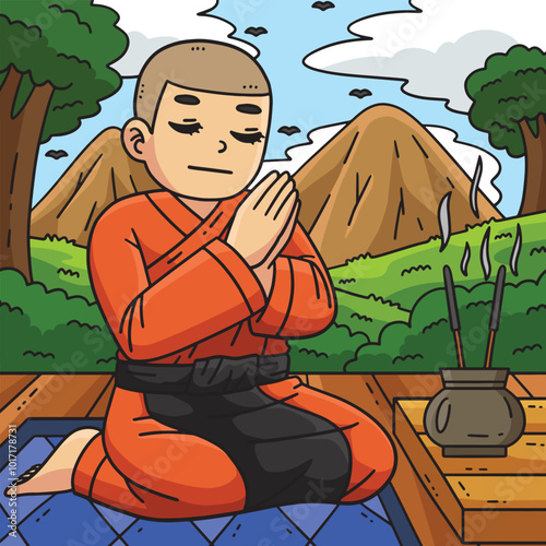 Buddhism Female Buddhist Offering Prayer Colored 