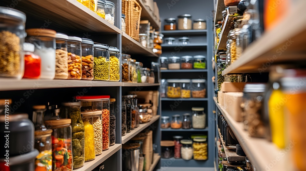 Organized Kitchen Pantry Shelves with Jars Cans and Packages of Various Dry Goods and Groceries Organized Kitchen Pantry Shelves with Jars Cans and Packages of Various Dry Goods and Groceries