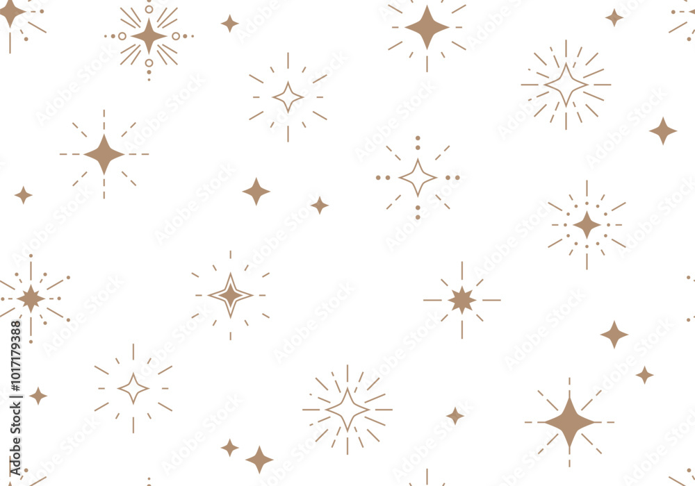 Seamless pattern with golden stars. Christmas, birthday design in golden color on a light background. Trendy modern vector illustration. Cute Line star glitter shine design. Seamless pattern with star