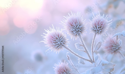 Frozen thistle blossoms with intricate frost details, surrounded by soft, muted winter light photo