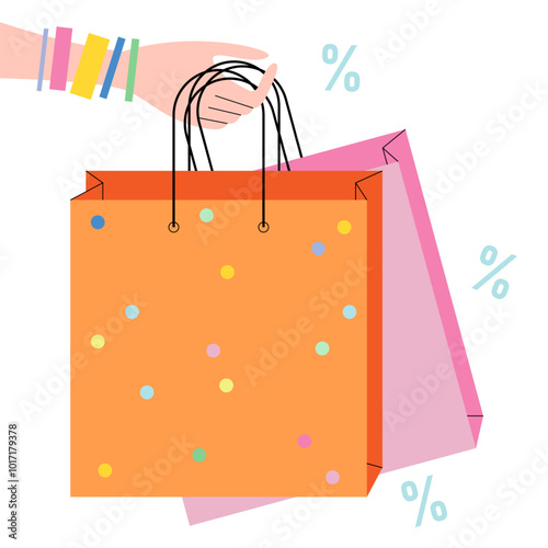 Shopping Sprees. Person buying gifts for friends and loved ones around the world. Shopping paper bags