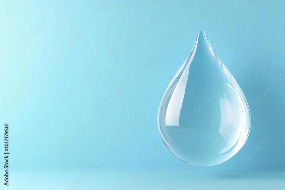 Fototapeta premium Large drop of liquid water, oil, rain on blue background. Macro water drop falling on water. Cosmetic moisturizing concept. Save clean water, ecology concept Water conservation
