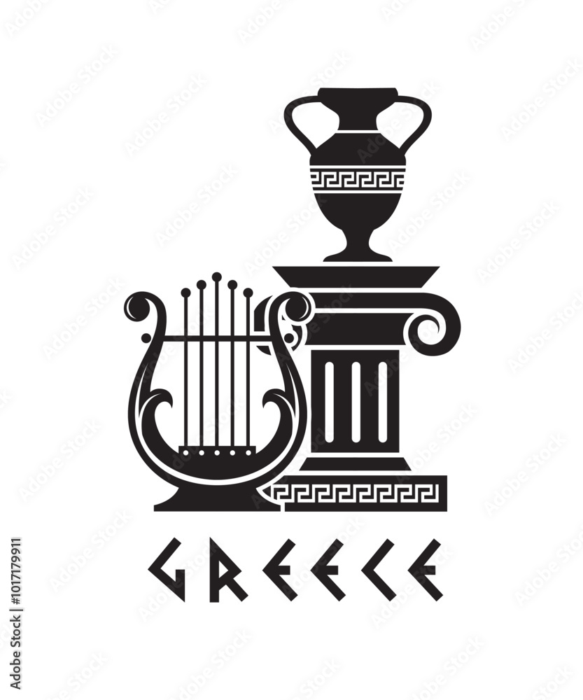 Φωτογραφία ancient greek symbol with column, amphora and lyre isolated on white background