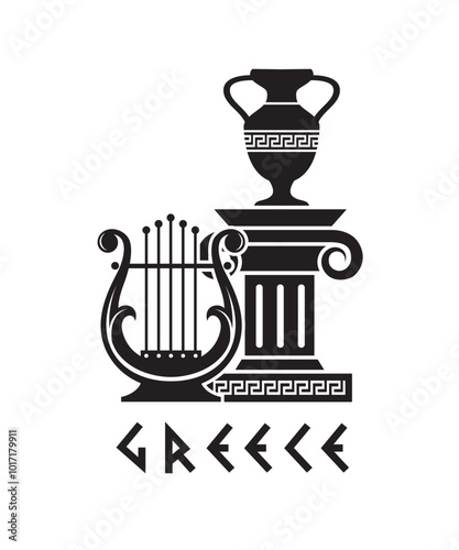 ancient greek symbol with column, amphora and lyre isolated on white background