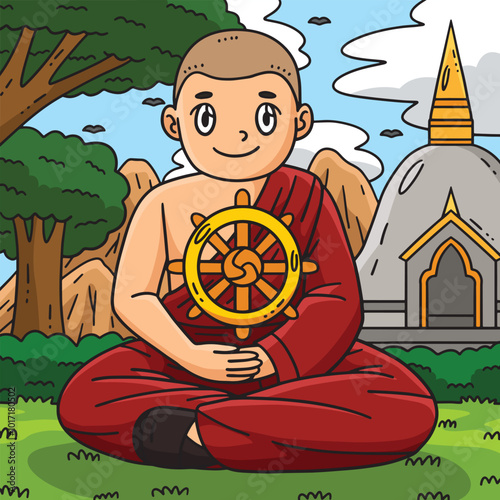 Buddhism Buddhist Monk and a Dharmachakra Colored 
