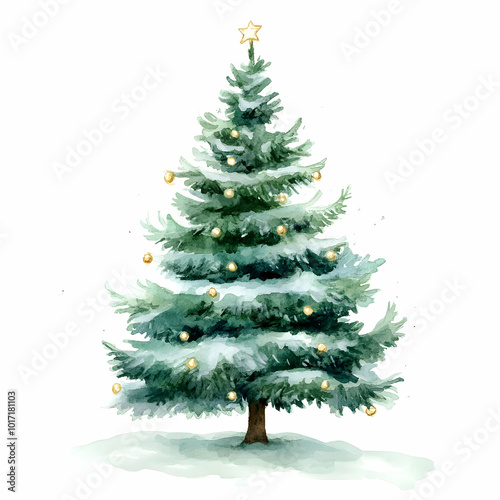 Watercolor illustration of a snowy Christmas tree