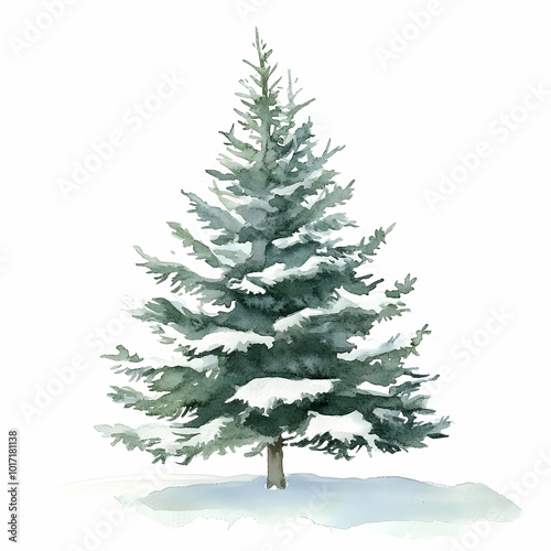 Watercolor illustration of a snowy Christmas tree photo