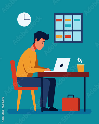 A man sits alone at his kitchen table staring at a budget spreadsheet on his laptop. His reduced work hours mean he will have to back on expenses and find ways to stretch his. Vector illustration