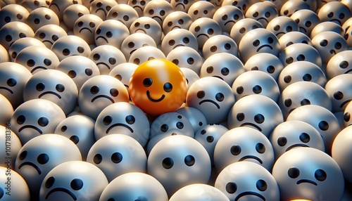 A lone happy emoticon shines among many sad ones. photo