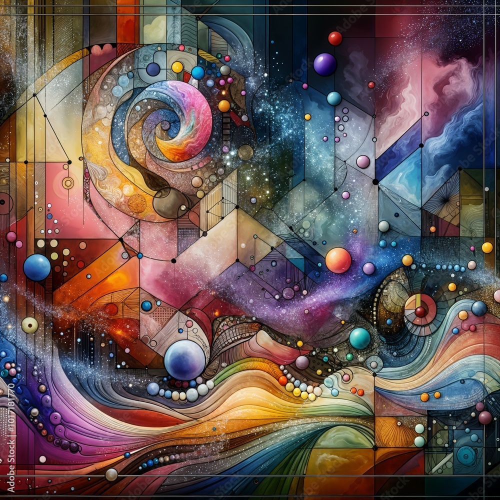 Φωτογραφία A vibrant, cosmic-inspired abstract design, featuring swirling galaxies, geometric shapes, and interconnected planets  Bold contrasts highlight the intricacy of the design