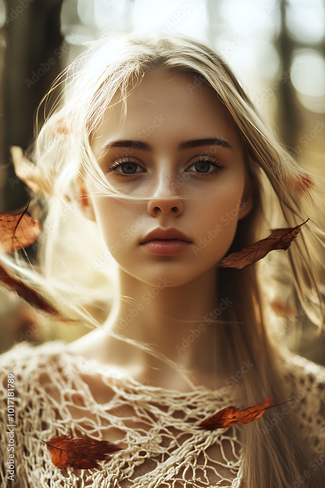 Golden Hour Beauty: A young woman with long, flowing blonde hair gazes ...