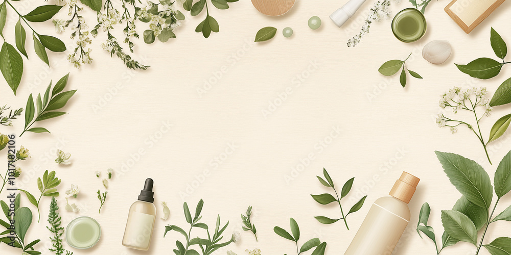 Beige Background with Daisy and Leaf Frame for Phyto Cosmetics Template Beige Background with Daisy and Leaf Frame for Phyto Cosmetics Template