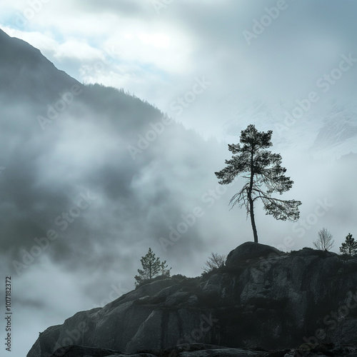 A lone pine tree on a cliff against a monochrome mountain landscape. Monochrome misty mountain landscape with pine tree in fog, black and white art.