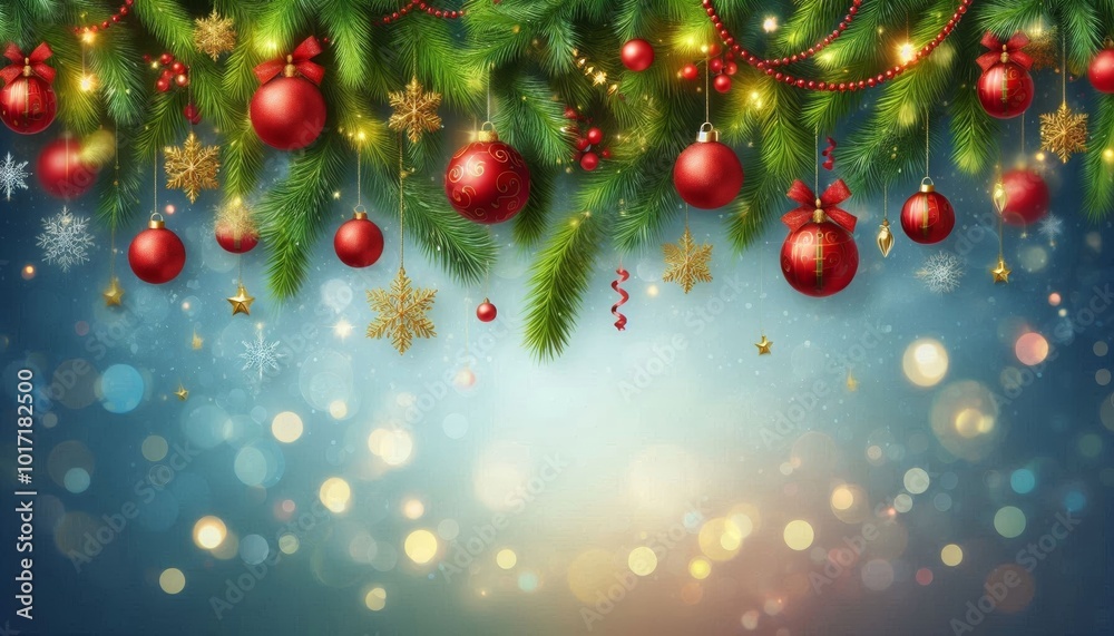 Christmas blue background made of green spruce branches decorated with hanging red balls and small gold ornaments Christmas blue background made of green spruce branches decorated with hanging red balls and small gold ornaments