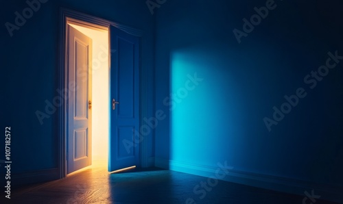 Illuminating light coming from open blue door