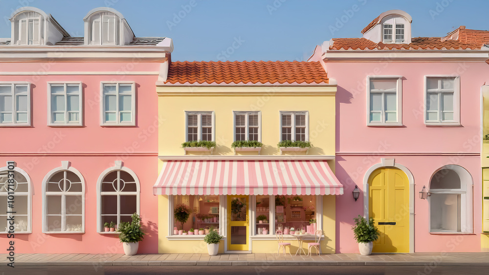 Obraz premium 3D-rendered pink storefront, isolated against a pastel yellow background. The small building has a quaint, cottage-like appearance with large arched windows, a striped awning, and a pink door. 