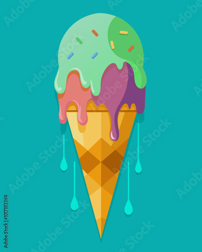 A melting ice cream cone with the flavors representing different investments signifying how quickly profits can melt away during a volatile market.. Vector illustration