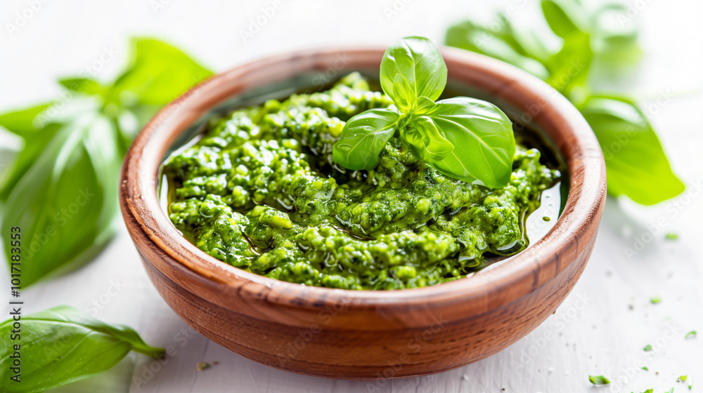 Fresh basil pesto in wooden bowl with leaf garnish on white background Fresh basil pesto in wooden bowl with leaf garnish on white background