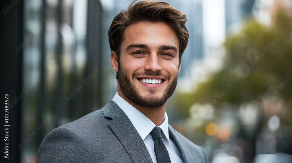 Smiling successful young businessman dressed in grey suit, tie and white shirt outdoors in the city Smiling successful young businessman dressed in grey suit, tie and white shirt outdoors in the city