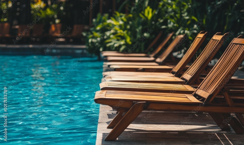 Line Of Wooden Lounge Chairs By The Pool