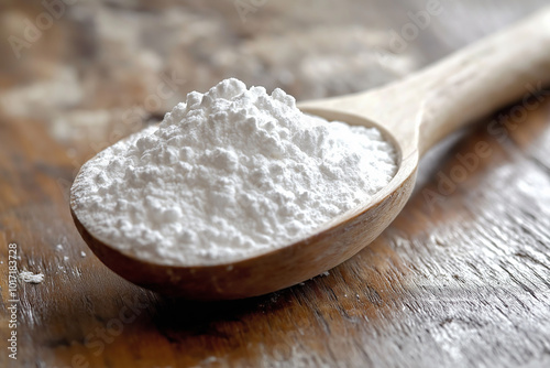 Close-up of calcium powder in a wooden spoon placed on a rustic wooden surface. Represents nutritional supplements, minerals, and healthy dietary habits