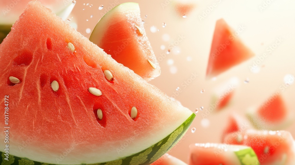 A succulent watermelon slice, pictured amid warm ambient lighting, evokes feelings of satisfaction and summer indulgence in this delightful, artistic capture. A succulent watermelon slice, pictured amid warm ambient lighting, evokes feelings of satisfaction and summer indulgence in this delightful, artistic capture.