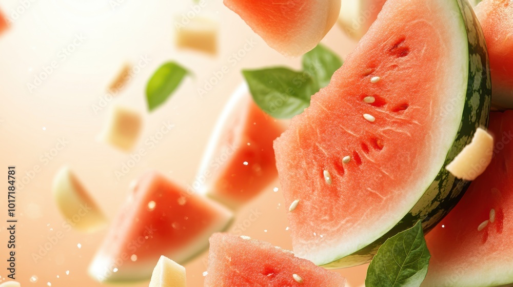 Floating watermelon slices, enhanced by scattered leaves and gentle light, create a serene scene, highlighting natural beauty and refreshing vibes in the image. Floating watermelon slices, enhanced by scattered leaves and gentle light, create a serene scene, highlighting natural beauty and refreshing vibes in the image.