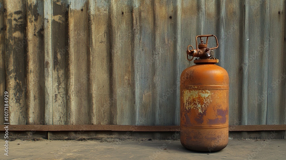 Rusty Gas Tank Against Weathered Metal Wall