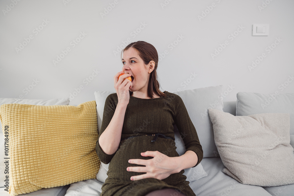 Young pregnant adult woman doing everyday things at home. Cooking, eating, sitting on couch, preparing things for the child. Young pregnant adult woman doing everyday things at home. Cooking, eating, sitting on couch, preparing things for the child.