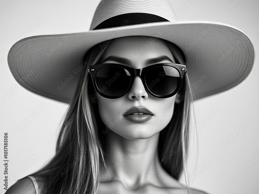 A monochrome portrait of a stylish woman wearing a wide-brimmed hat and sunglasses, exuding confidence and elegance. A monochrome portrait of a stylish woman wearing a wide-brimmed hat and sunglasses, exuding confidence and elegance.