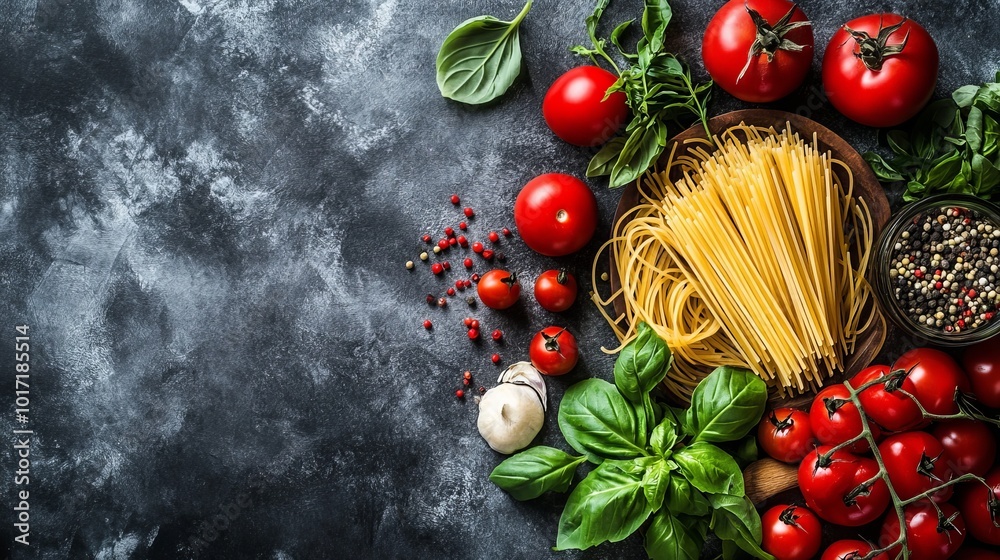 Spaghetti with veggies, ingredients for cooking. Spaghetti with veggies, ingredients for cooking.