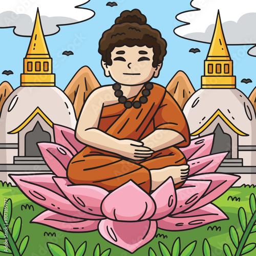 Buddhism Buddha Sitting on Lotus Flower Colored 