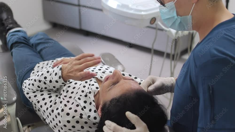 Woman is getting her teeth cleaned by a dentist Woman is getting her teeth cleaned by a dentist